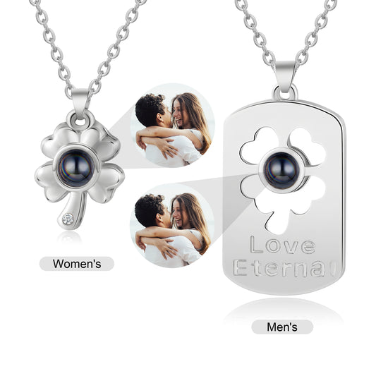 Custom Four Clover Photo Projection Couple Necklace
