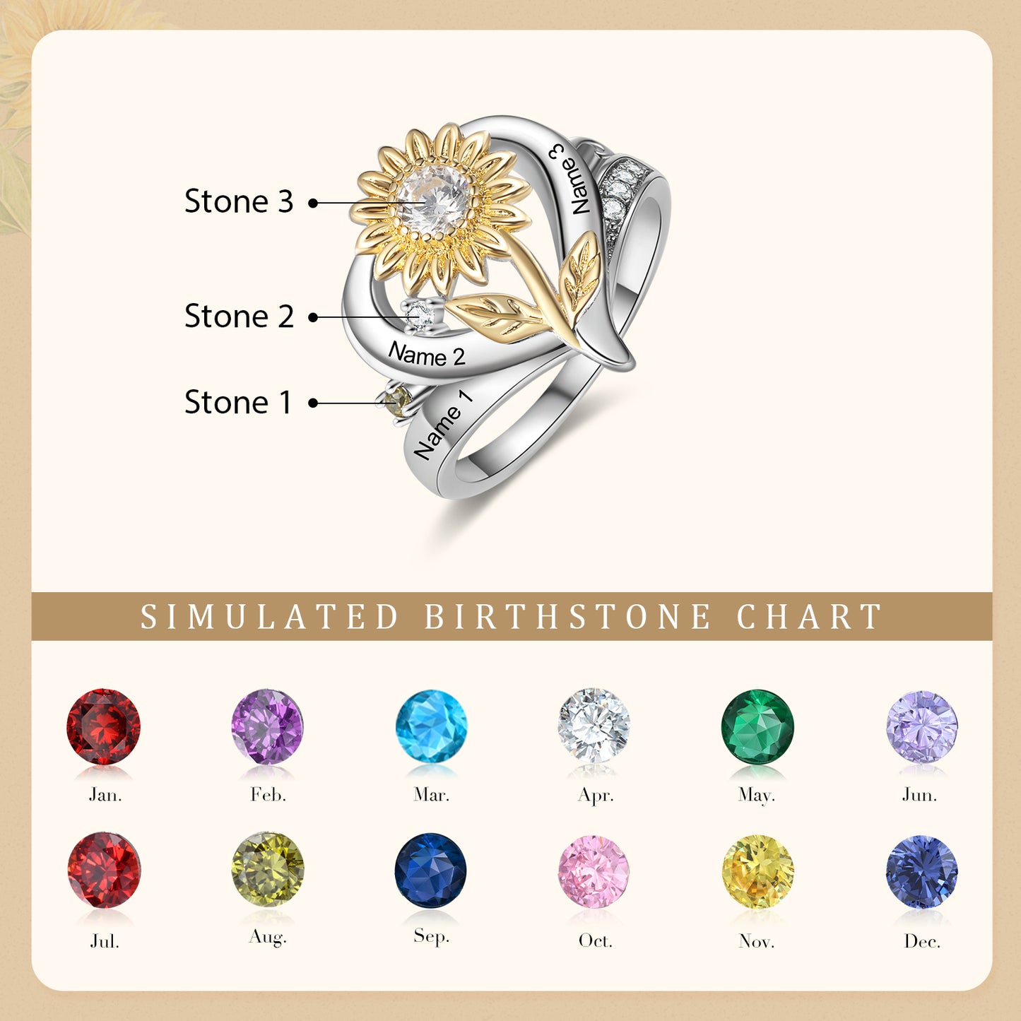 Custom Sunflower and Heart Ring