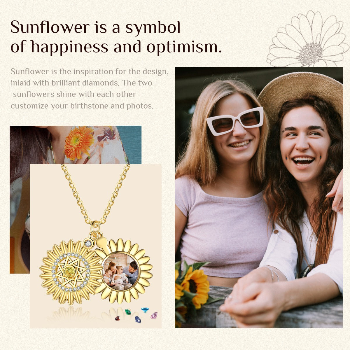 Personalized Rhodium Plated Gold Plated Sunflower Photo Necklace