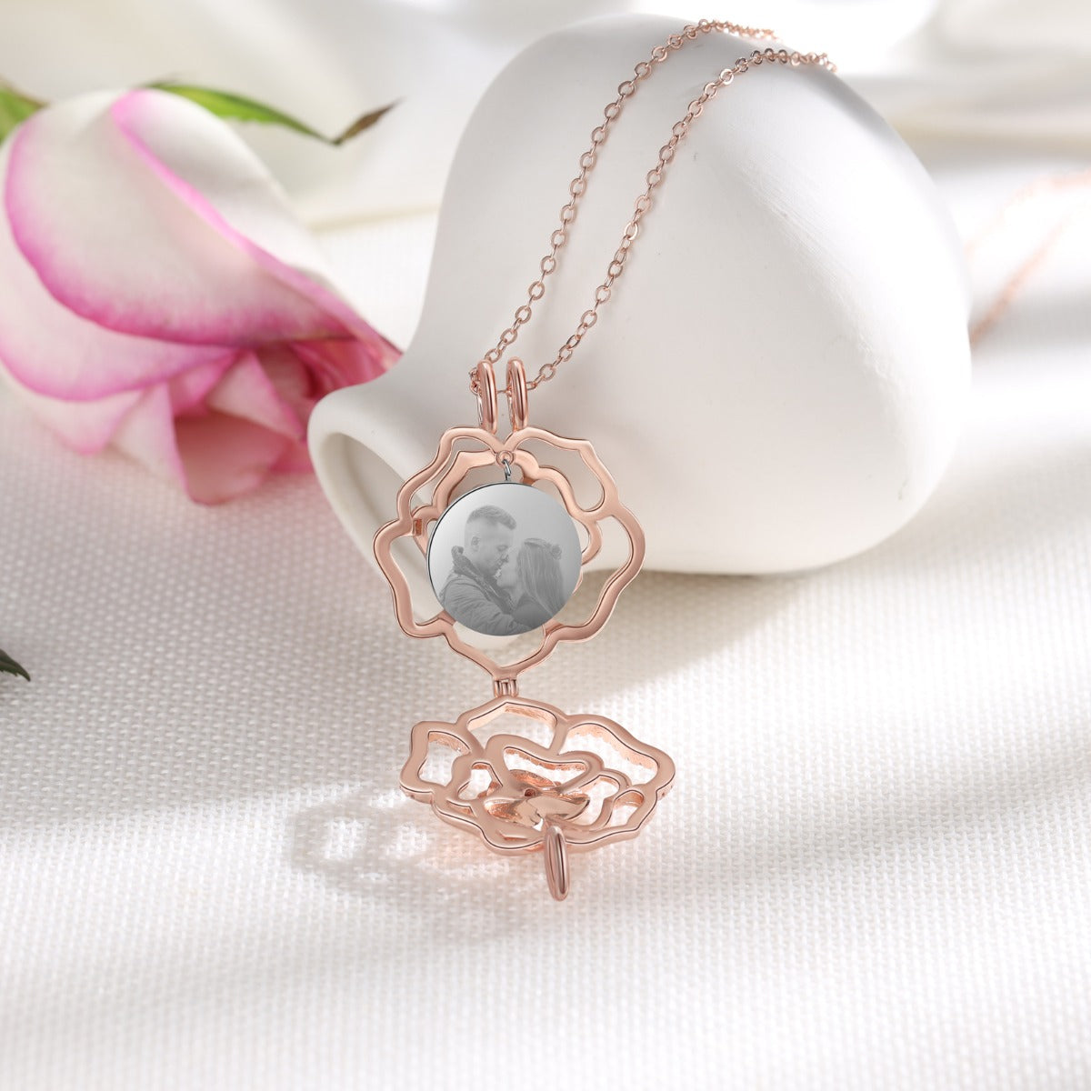 Rose Gold Plated Rose Flower Photo Necklace