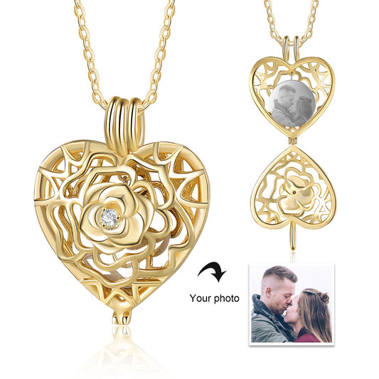 Rhodium Plated Hollow Heart Rose Flower Photo Necklace
