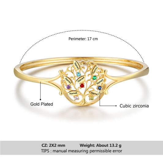 Engraved Name Family Tree Bangle Bracelet with Birthstones