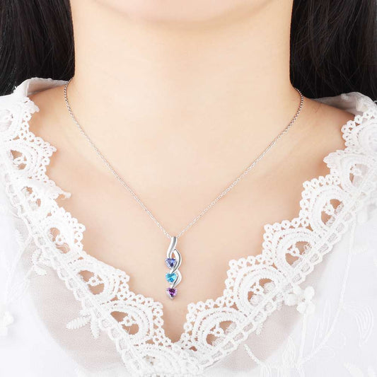 Engraving Names 925 Sterling Silver Three Heart Shape Colorful Birthstones Necklace