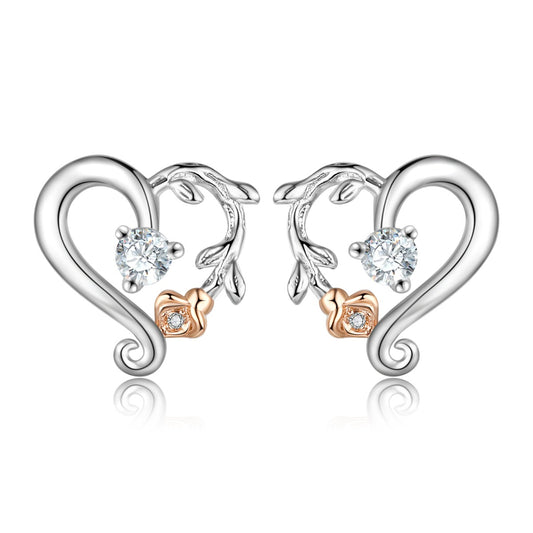 Copper CZ Heart Shape Flower Stud Earrings