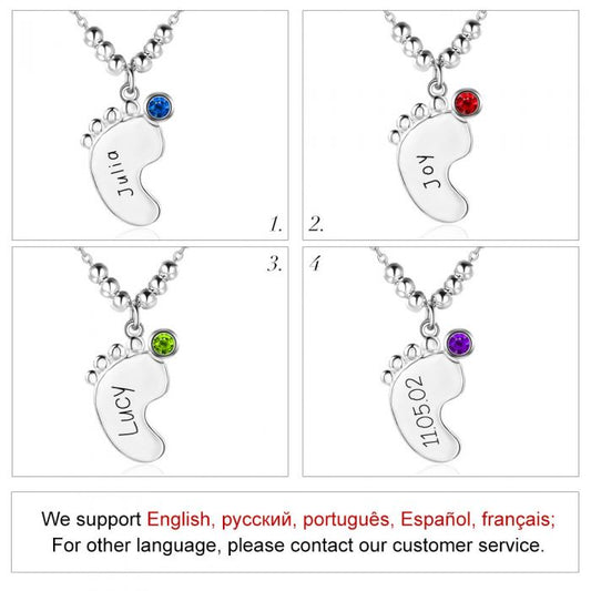 Personalized 925 Sterling Silver Birthstone Little Feet Artistical Name Necklace