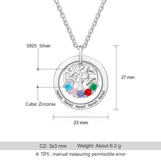 Engraved Name Family Tree Pendant Necklace with Five Birthstones