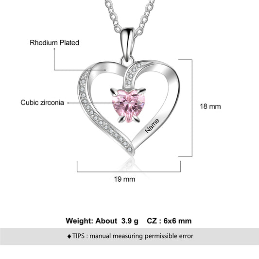 Custom 925 Sterling Silver One Birthstone Heart Necklace - iYdr