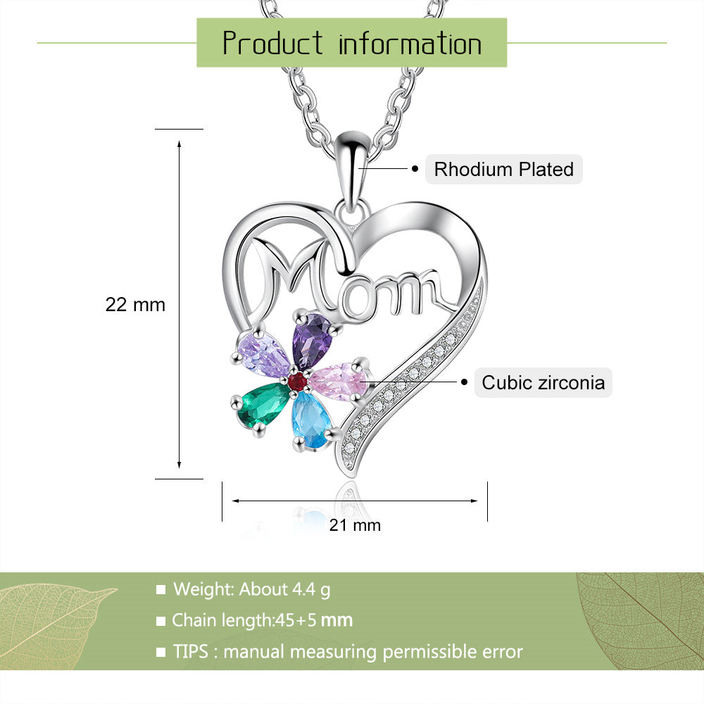 MoM Letter Heart Shape Pendant Necklace with Flower Cubic Zircon