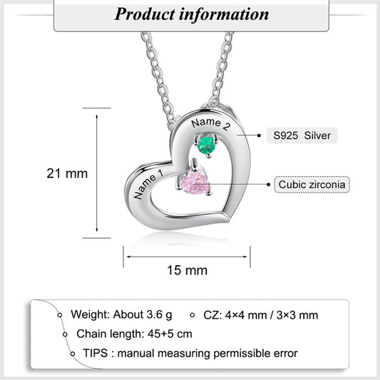 925 Sterling Silver Two Birthstone Heart Necklace - iYdr