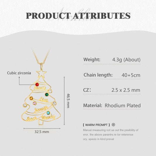 Famliy Engraved Rhodium Plated Christmas Tree Necklace