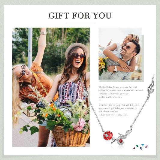 Engraved Rhodium Plated Birthday Stone Birthflower Necklace