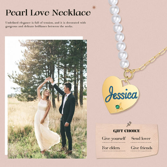 Personalized Birthstone Heart Pearl Name Necklace