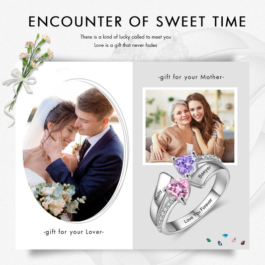 Engraved S925 Silver Heart Birthtsone Ring