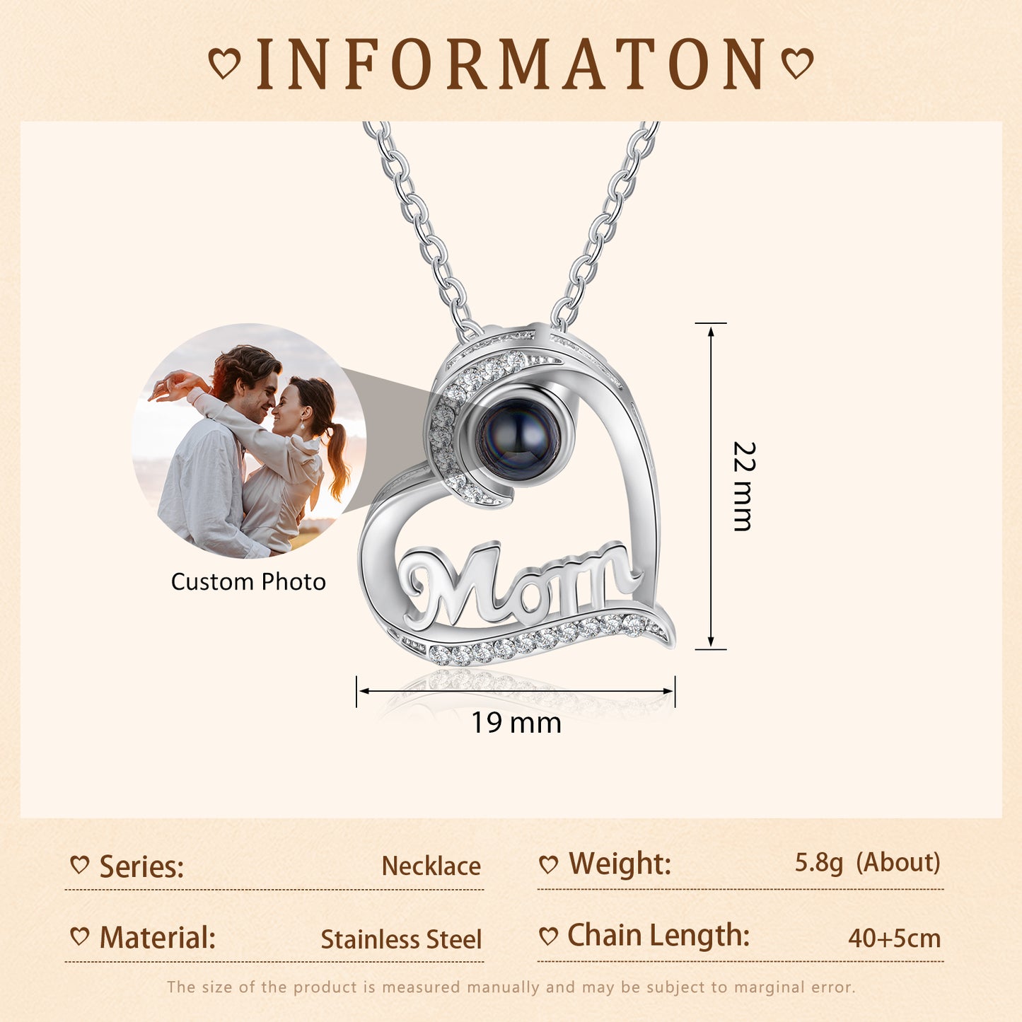 Mother's Gift Personalized Photo Projection Heart Necklace