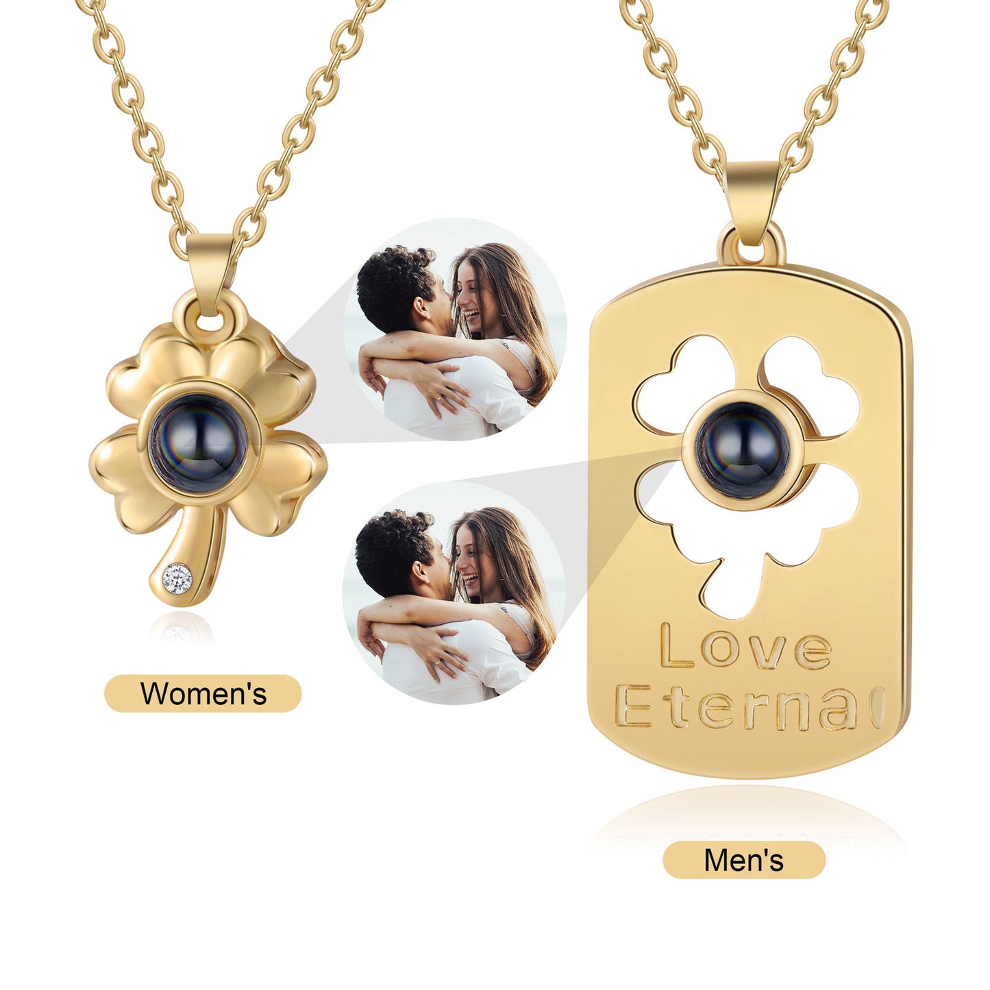 Custom Four Clover Photo Projection Couple Necklace