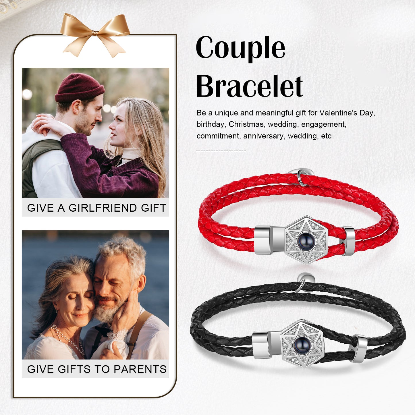 Custom Photo Projection Hexagon Star Couple Bracelet