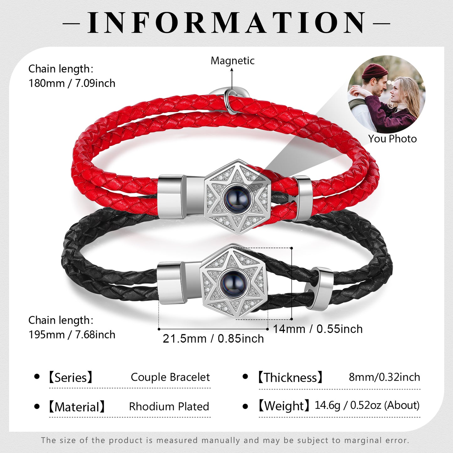 Custom Photo Projection Hexagon Star Couple Bracelet