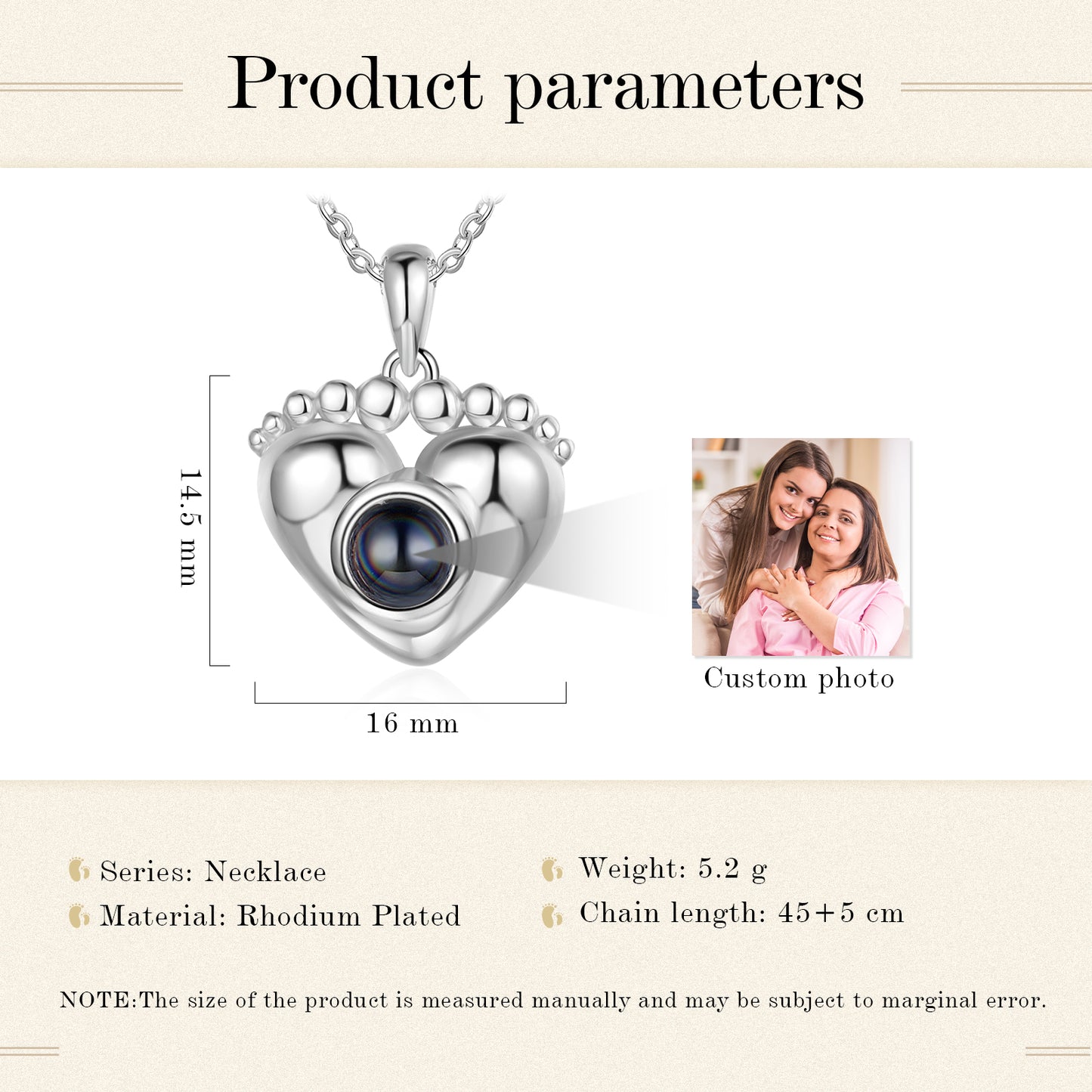 Custom Photo Projection Heart Baby Feet Necklace