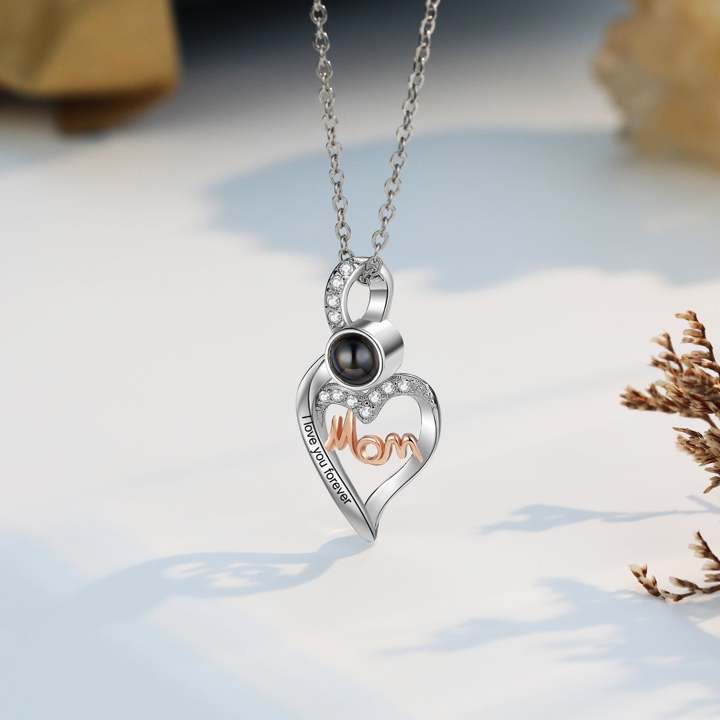 Custom Photo Projection Heart Necklace with MOM