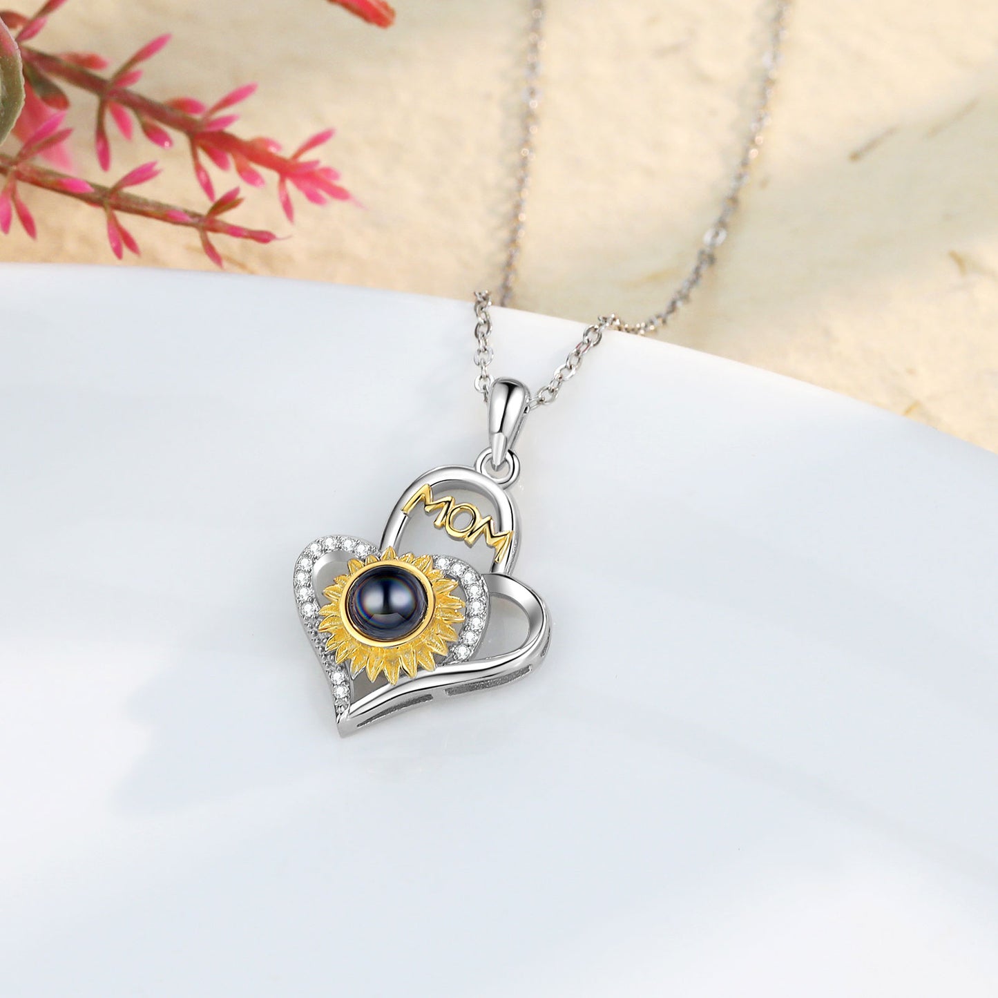 Custom Photo Projection Sunflower Necklace with Mom