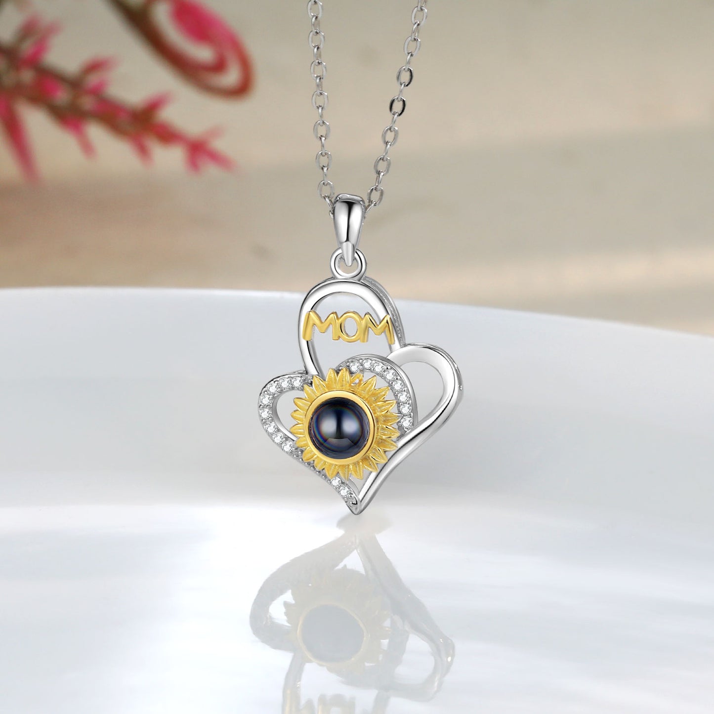 Custom Photo Projection Sunflower Necklace with Mom