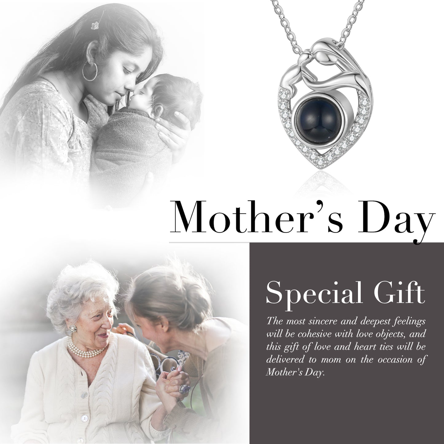 Custom Photo Projection Heart Necklace with Mother and Child