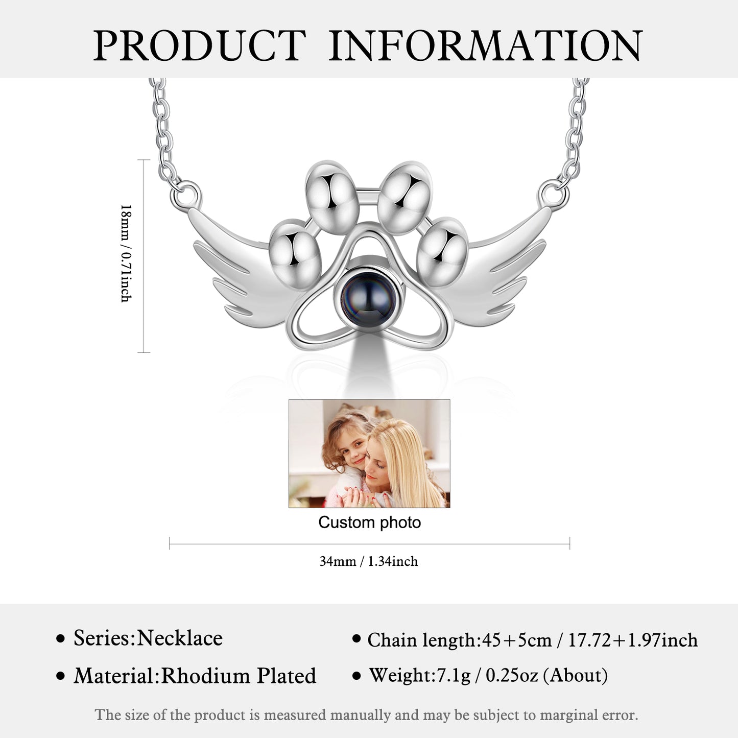 Personalized Photo Projection Paw Necklace with Angel Wing