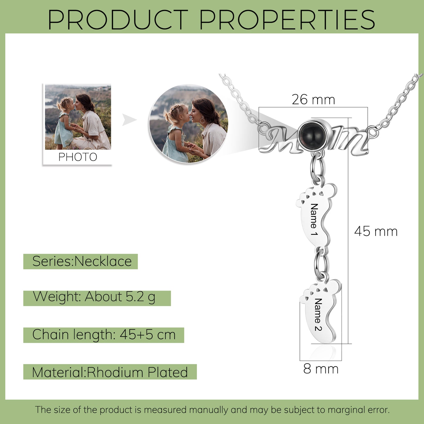 Custom Photo Projection Baby Feet Necklace with Mom