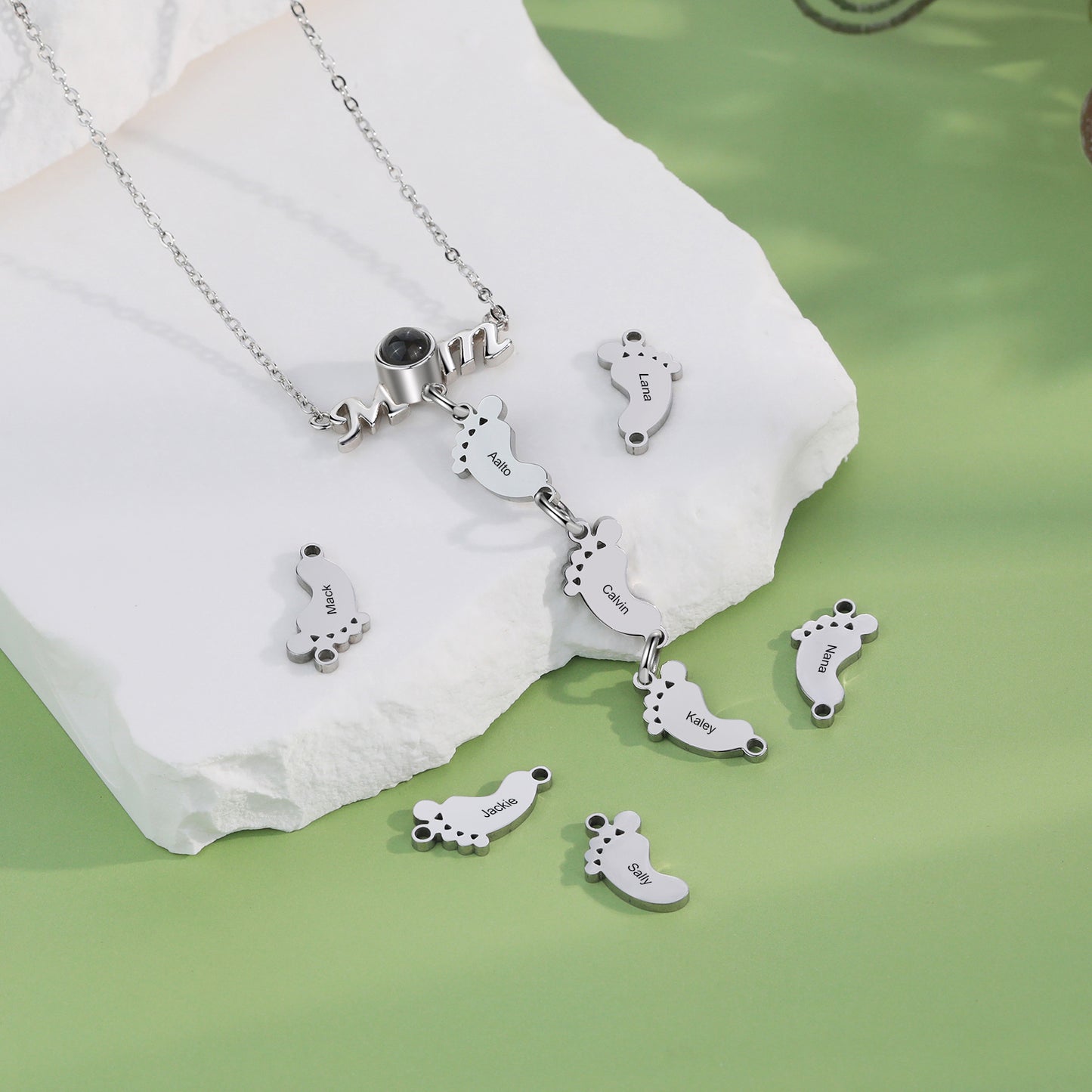 Custom Photo Projection Baby Feet Necklace with Mom