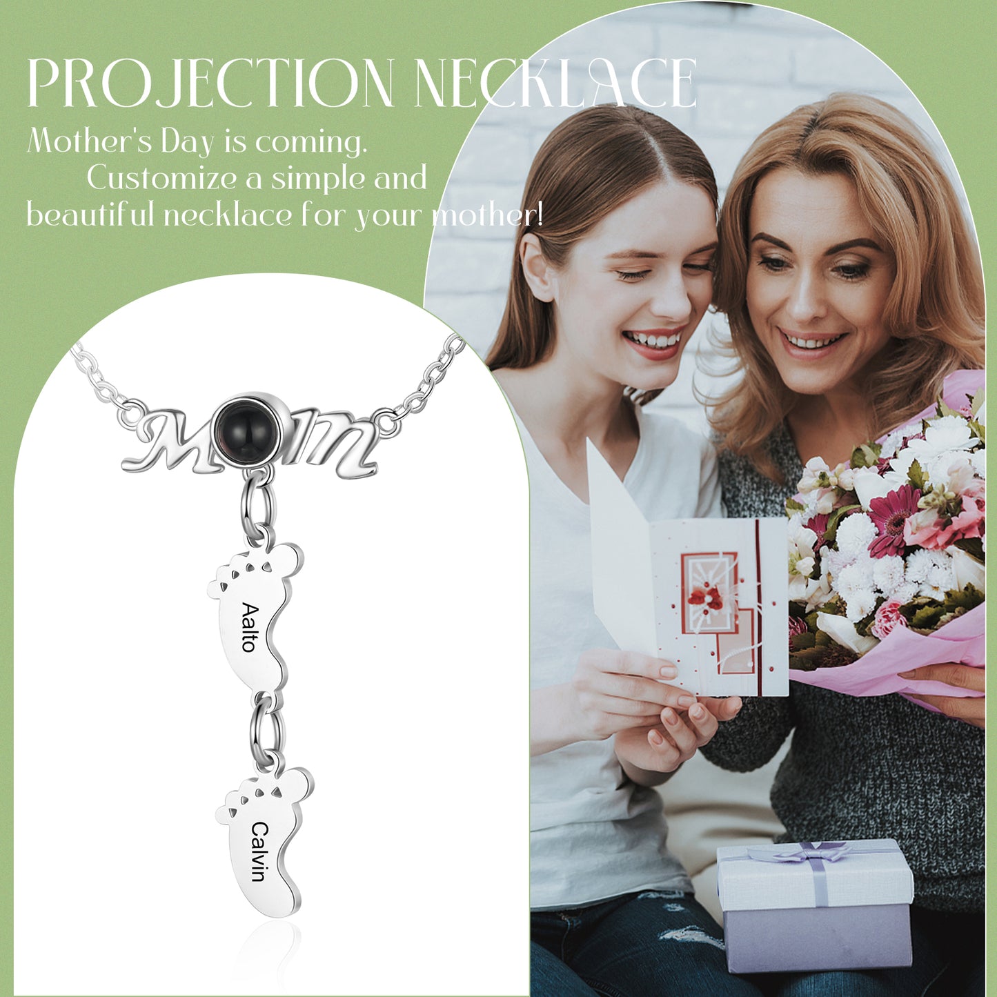 Custom Photo Projection Baby Feet Necklace with Mom