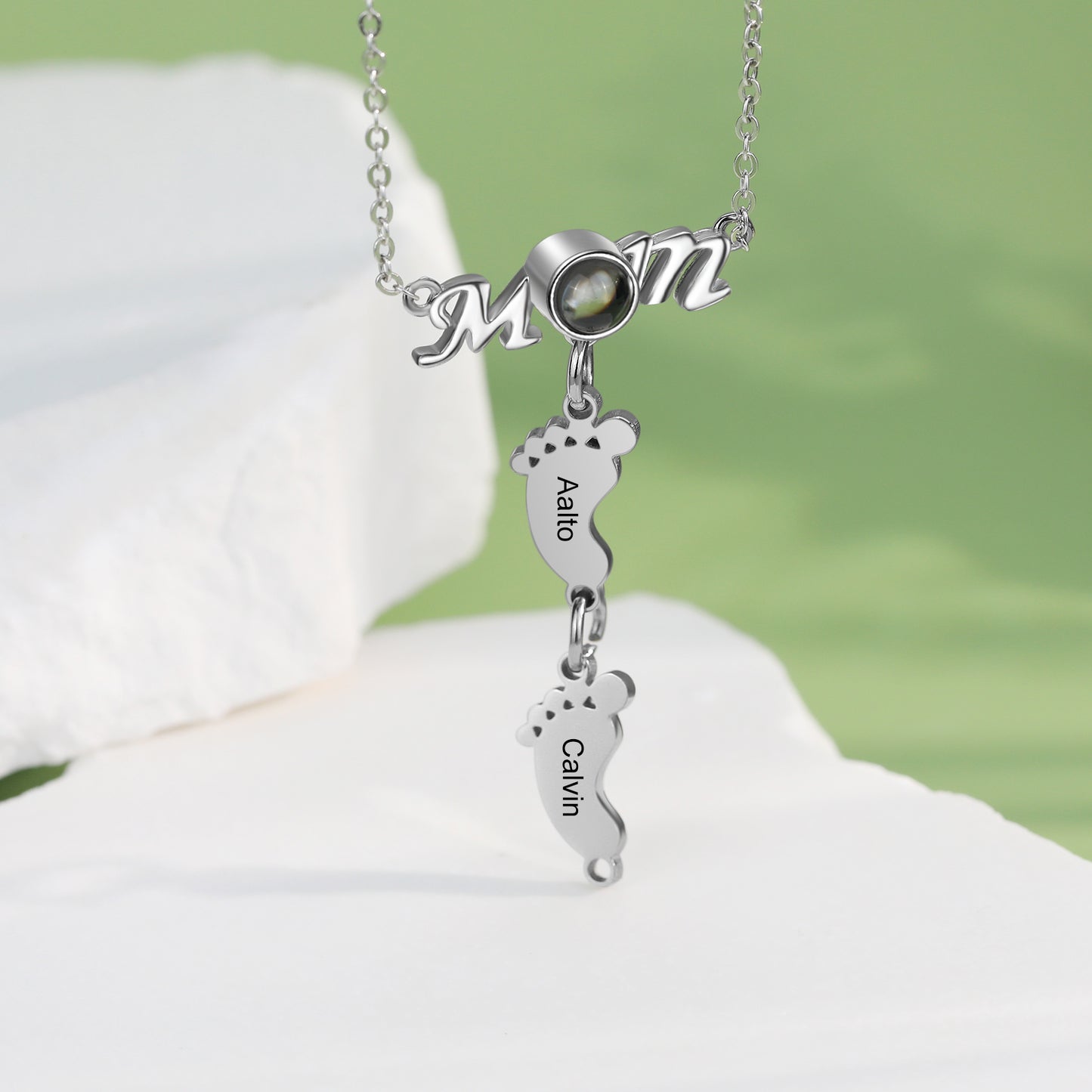 Custom Photo Projection Baby Feet Necklace with Mom