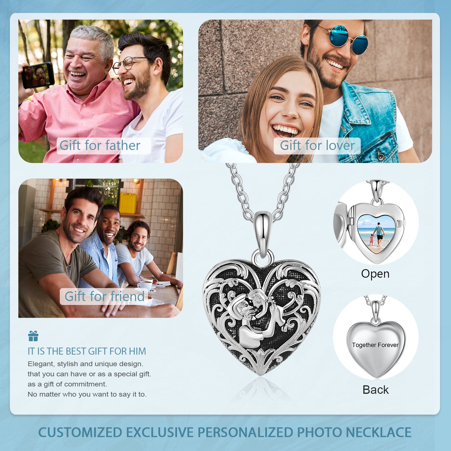 Custom Photo Heart Shaped Pendant Necklace with Father and Child