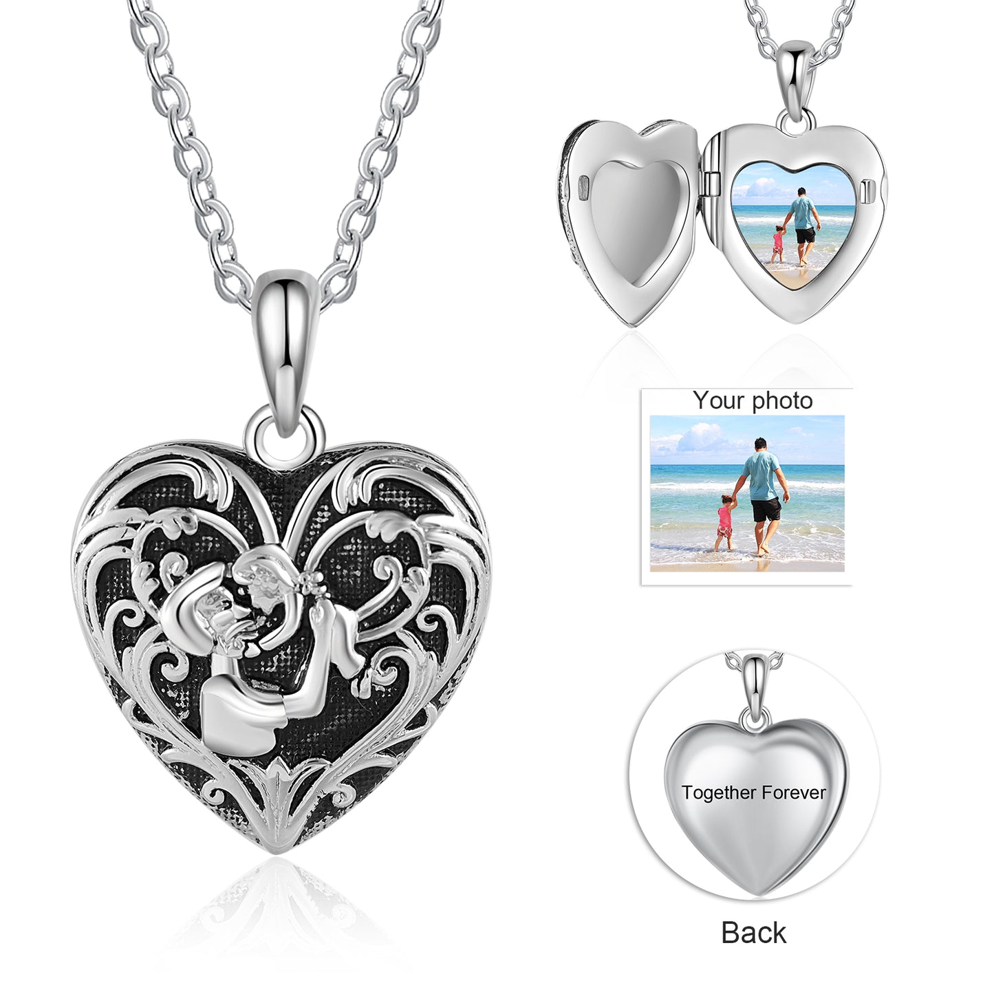 Custom Photo Heart Shaped Pendant Necklace with Father and Child