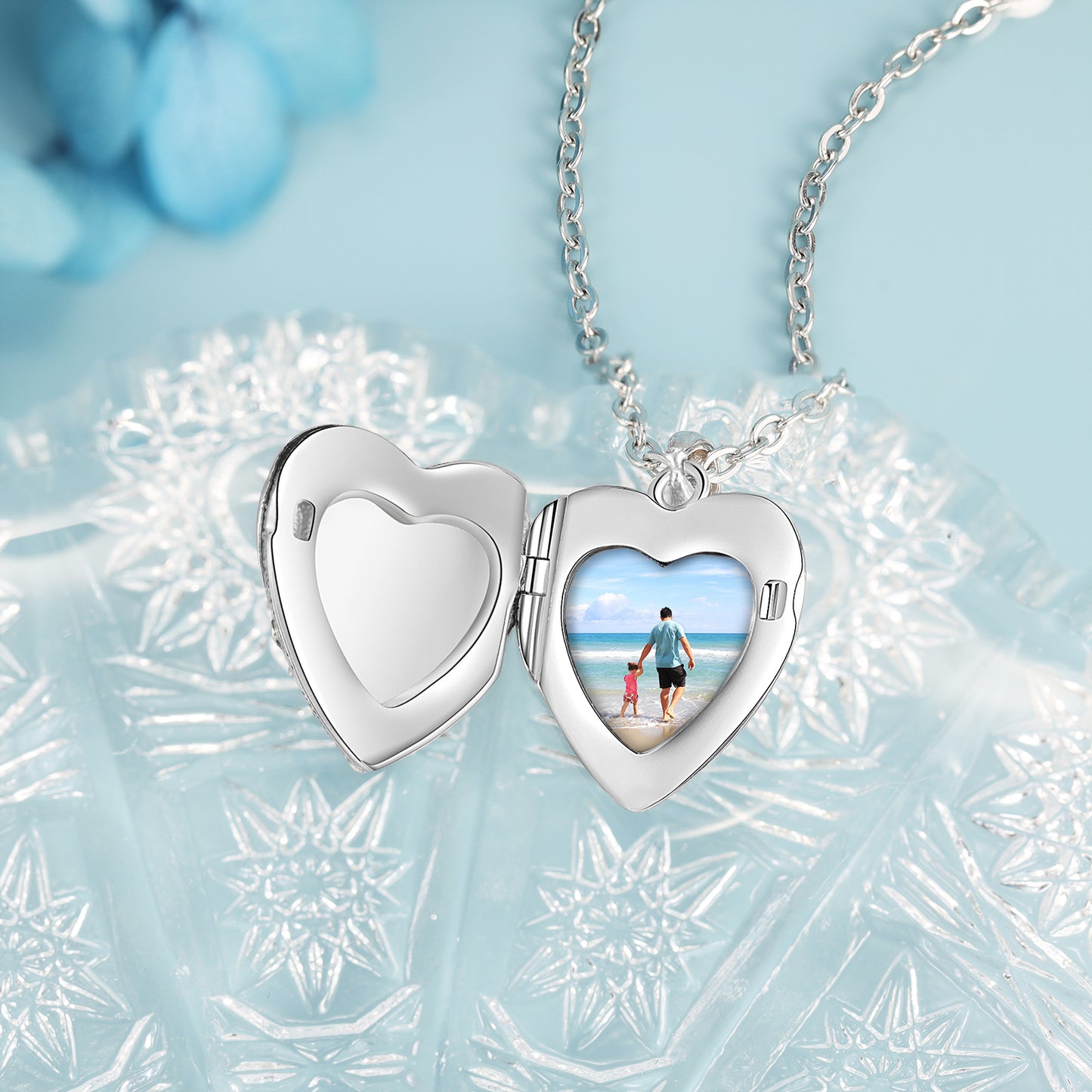 Custom Photo Heart Shaped Pendant Necklace with Father and Child