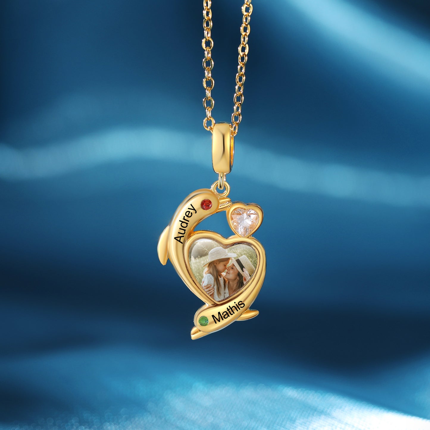 Custom Photo Heart Necklace with Dolphin