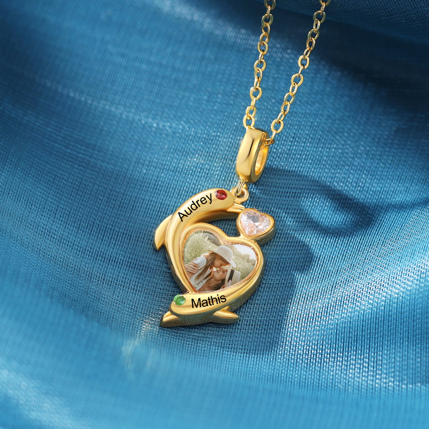 Custom Photo Heart Necklace with Dolphin