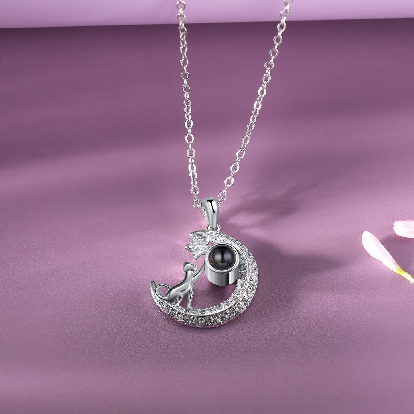 Custom Moon and Star Photo Projection Necklace with Cat