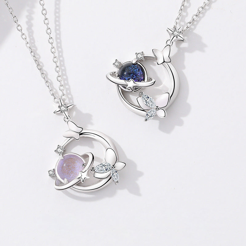 925 Sterling Silver Planet and Butterfly Necklace