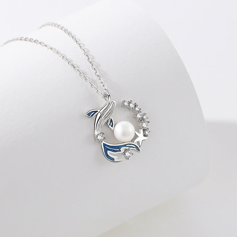 925 Sterling Silver Whale and Pearl Neckace