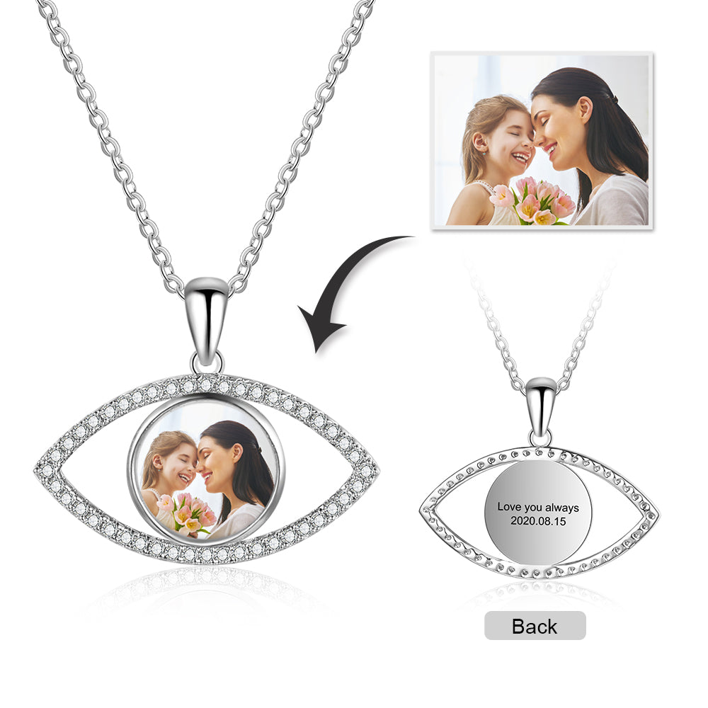 Personalized Rhodium Plated Eye Shape Photo Necklace