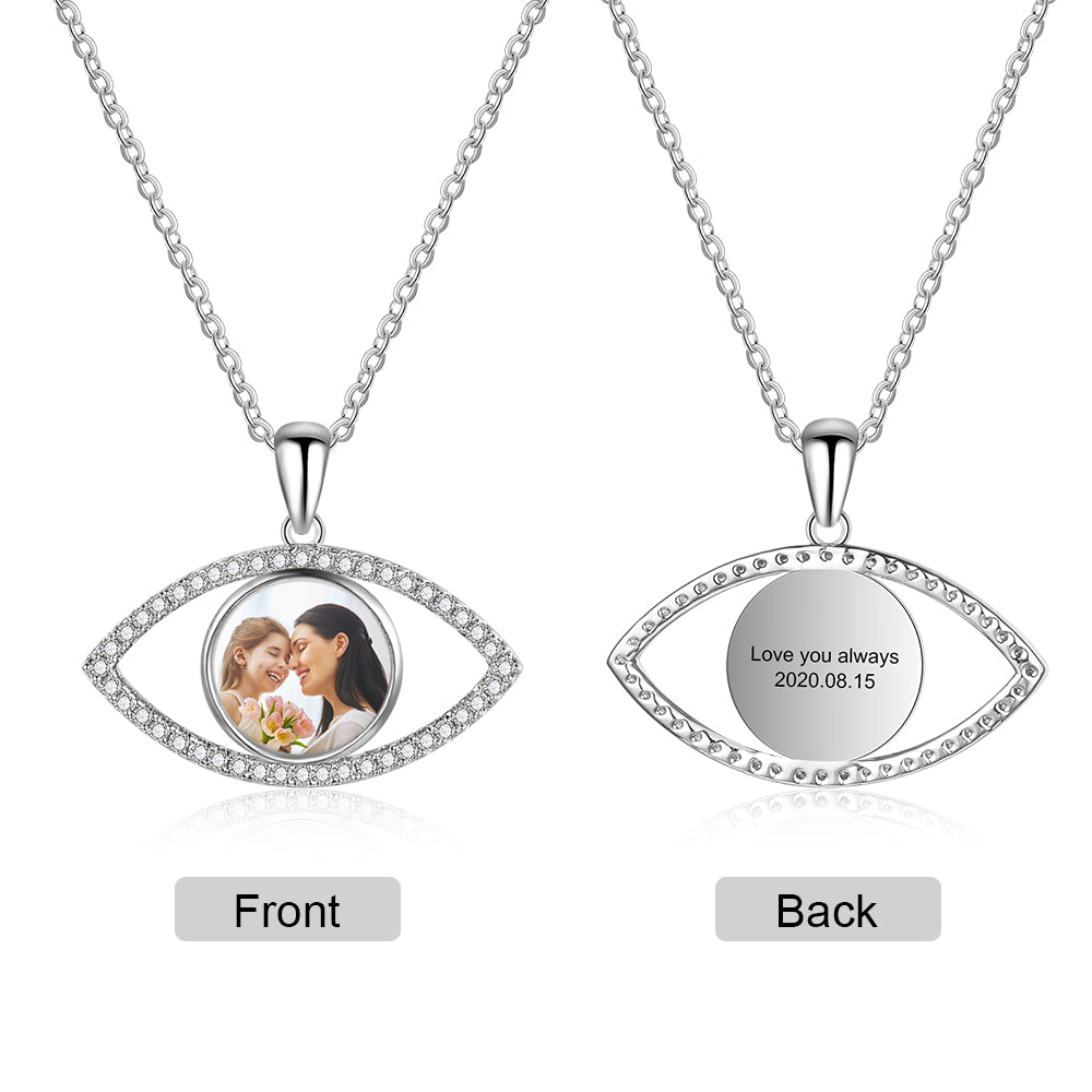 Personalized Rhodium Plated Eye Shape Photo Necklace