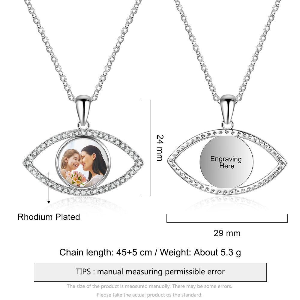 Personalized Rhodium Plated Eye Shape Photo Necklace