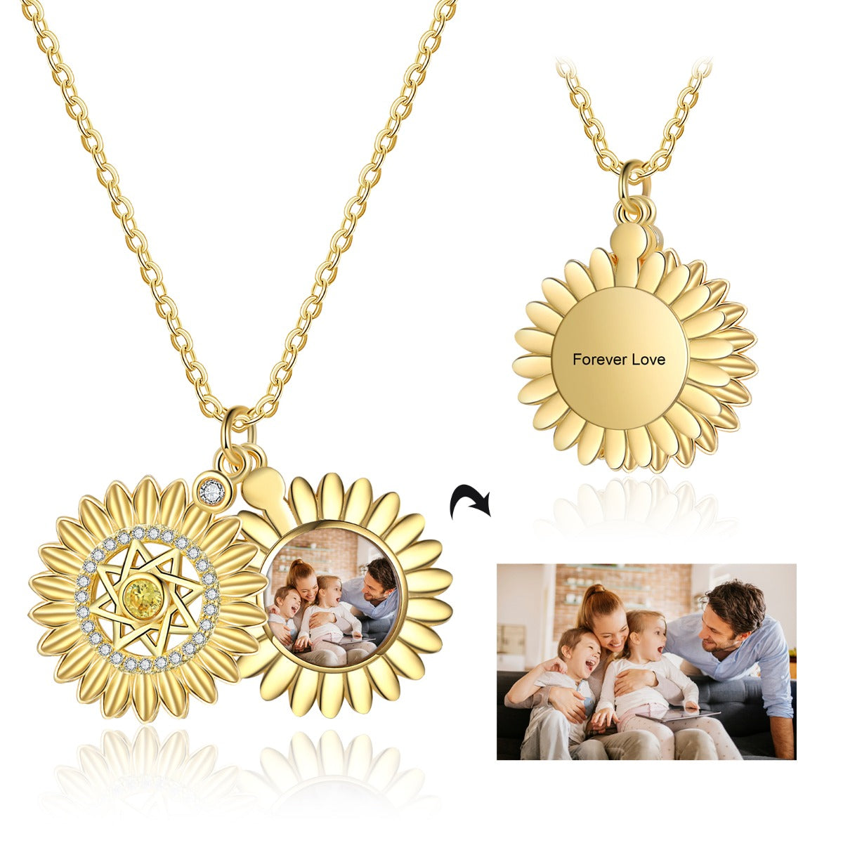 Personalized Rhodium Plated Gold Plated Sunflower Photo Necklace