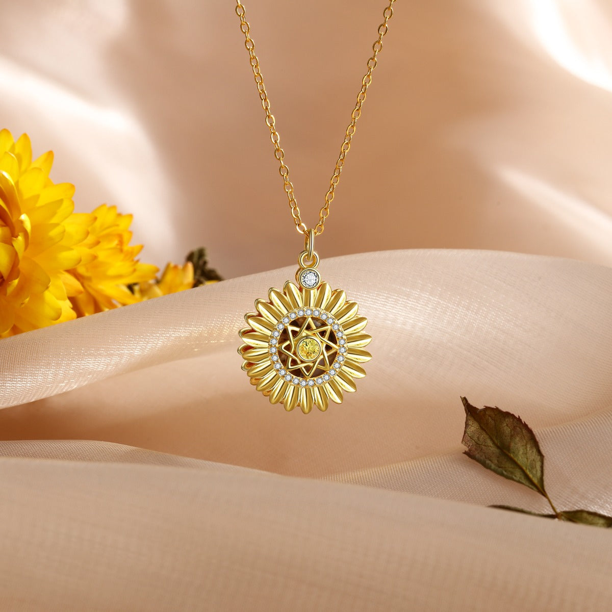 Personalized Rhodium Plated Gold Plated Sunflower Photo Necklace