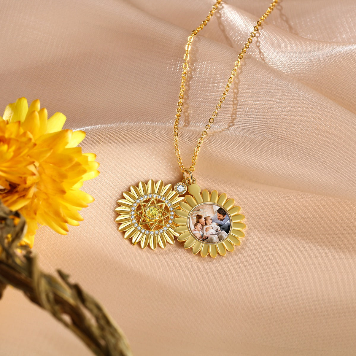 Personalized Rhodium Plated Gold Plated Sunflower Photo Necklace