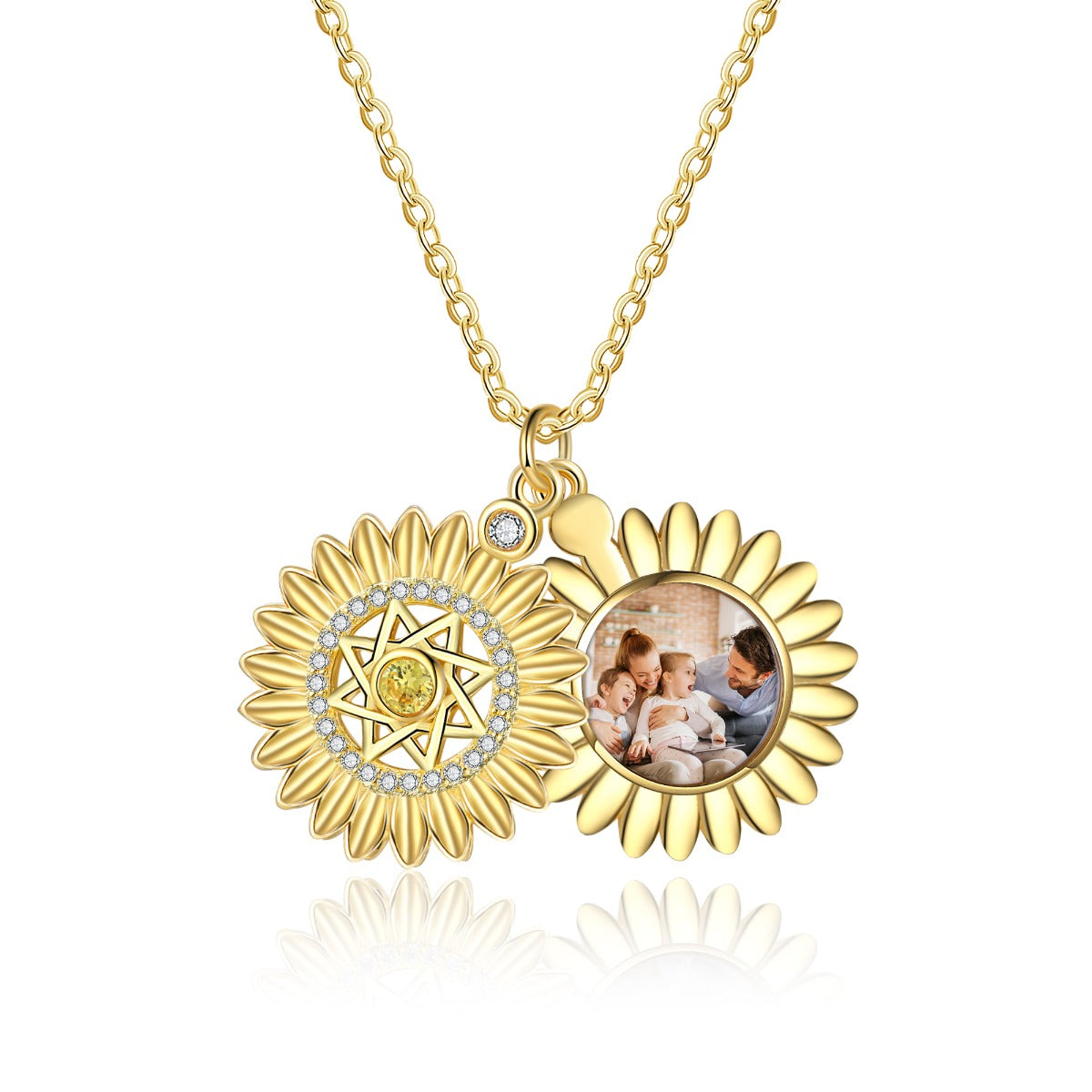 Personalized Rhodium Plated Gold Plated Sunflower Photo Necklace