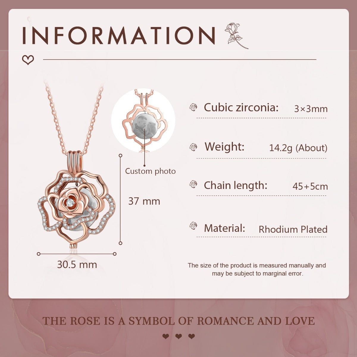 Rose Gold Plated Rose Flower Photo Necklace