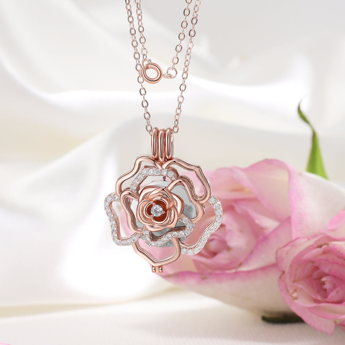 Rose Gold Plated Rose Flower Photo Necklace