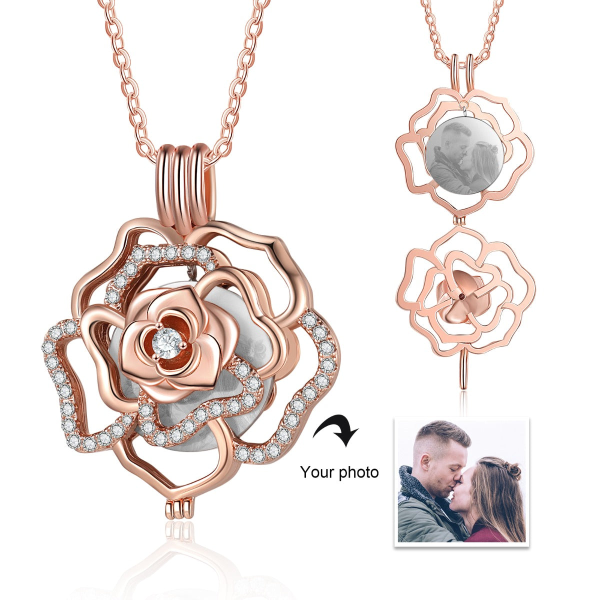 Rose Gold Plated Rose Flower Photo Necklace