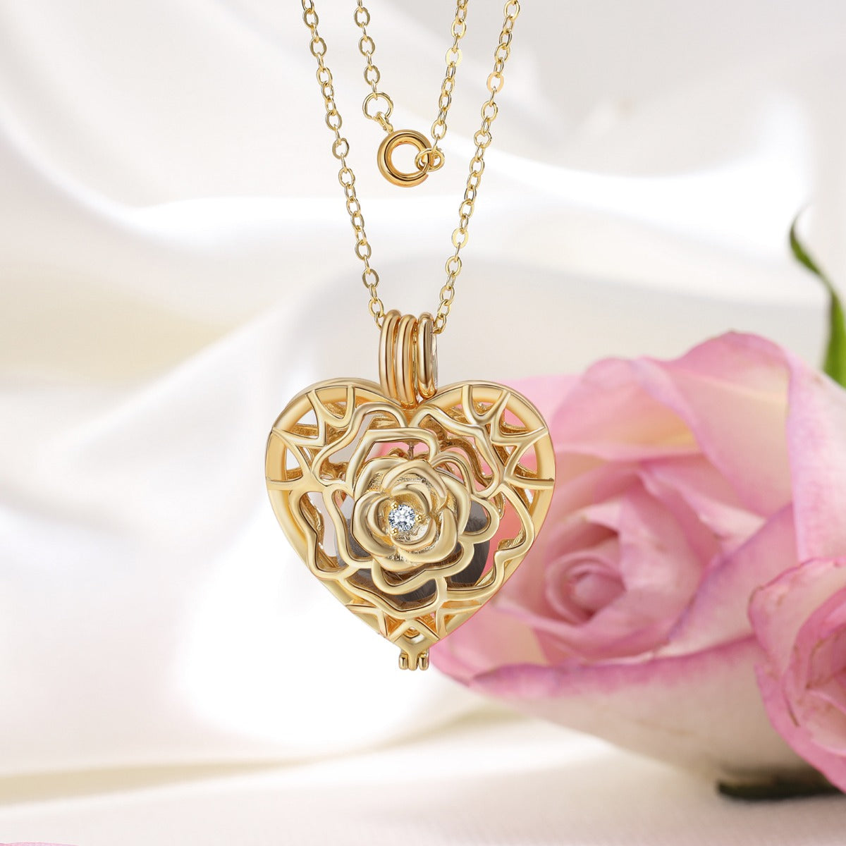 Rhodium Plated Hollow Heart Rose Flower Photo Necklace